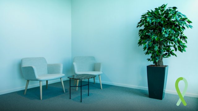Office corner photo background with a green ribbon and no text